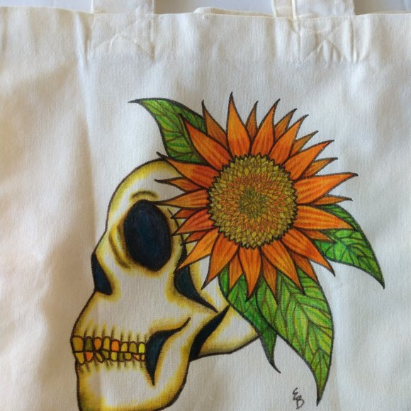 Hand Painted Skull Tote Bag: Sunflower Art, Reusable Canvas Bag 14x13x7 - Picture 11 of 16